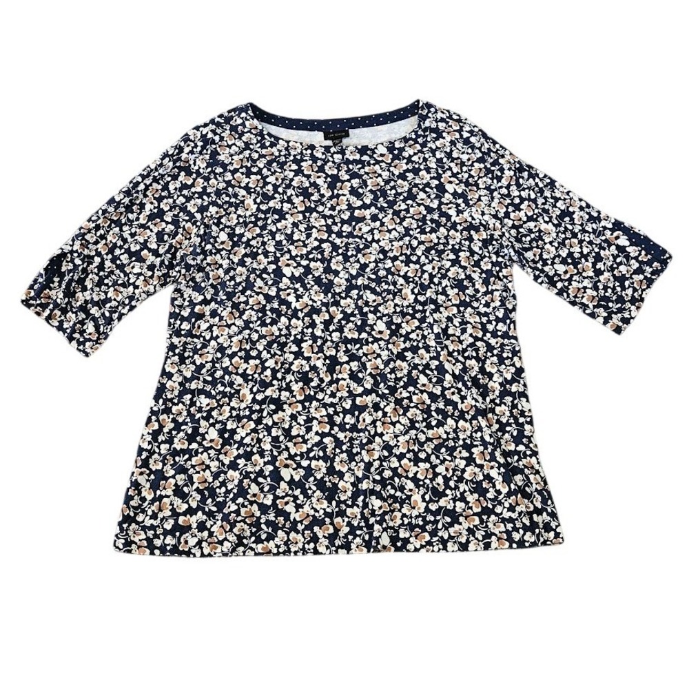 J. Jill Wearever Top XL Petite Navy Floral Polka Dot Trim Elbow Sleeve Stretch